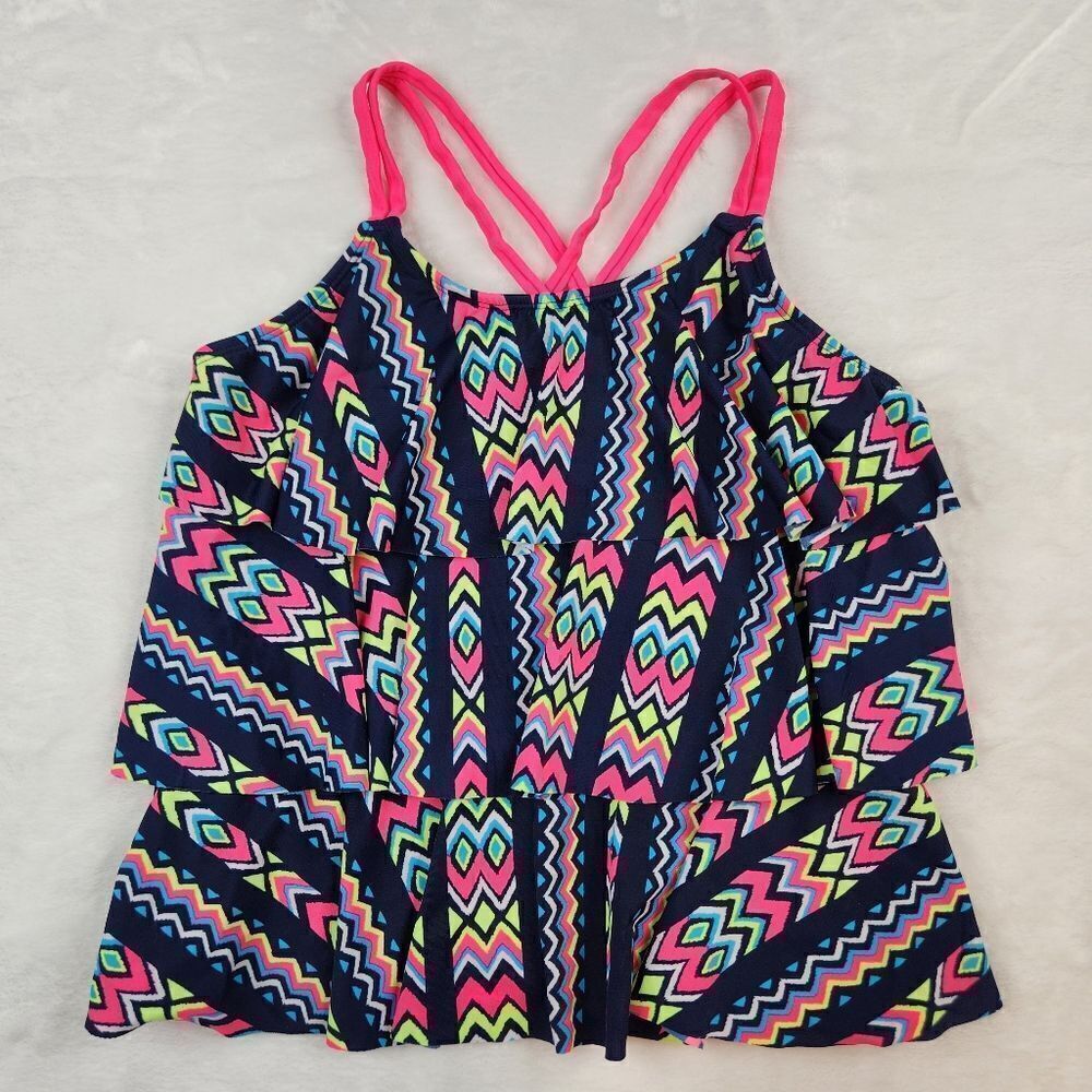 3/$25 Justice Girls Navy Pink Chevron Tiered Criss Cross Swimsuit Top Sz 14 Plus